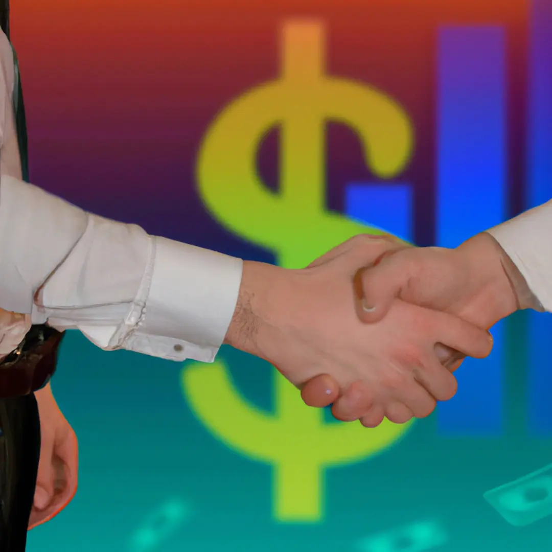 Two people shaking hands against a backdrop of a business contract and dollar signs.