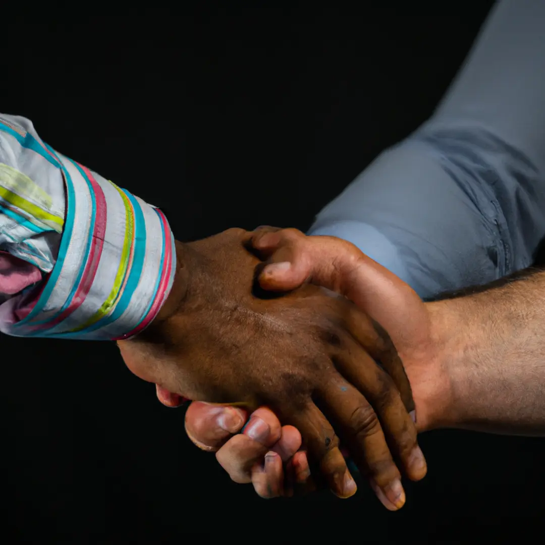 Three hands shaking, symbolizing partnership and collaboration.