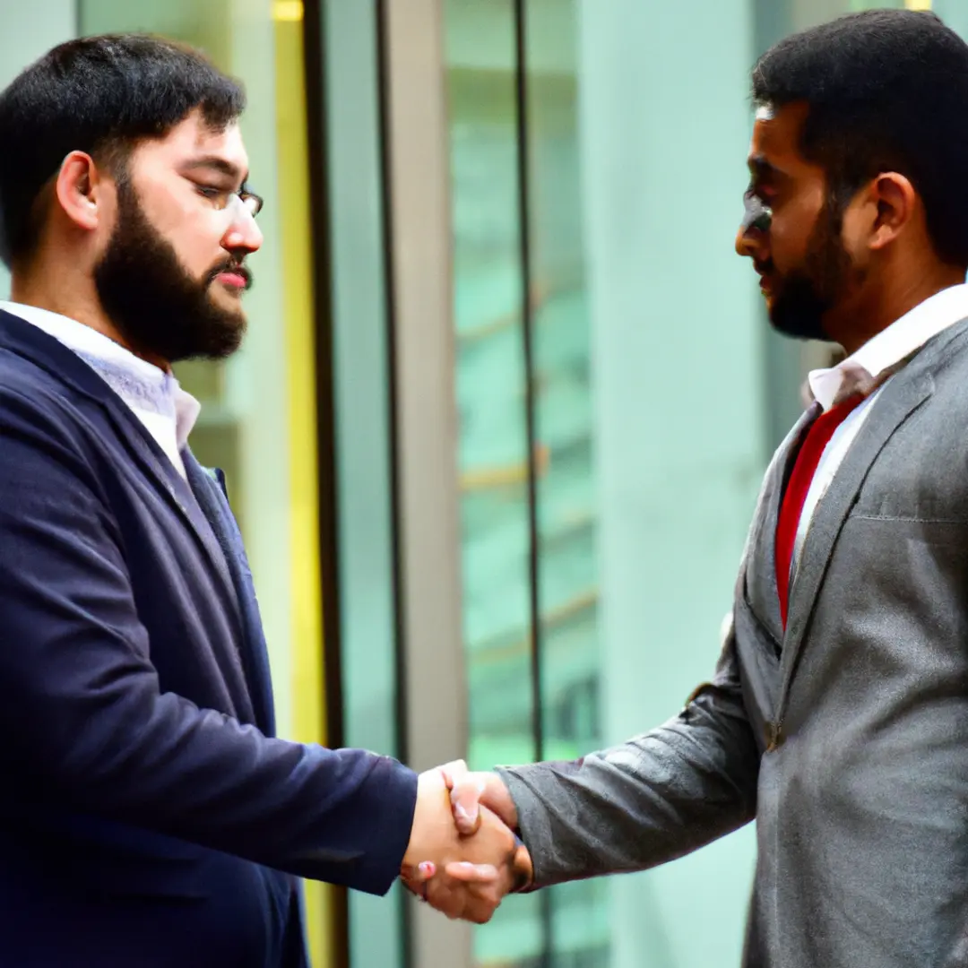 Two businessmen shaking hands confidently, symbolizing successful negotiation for business partnership terms.