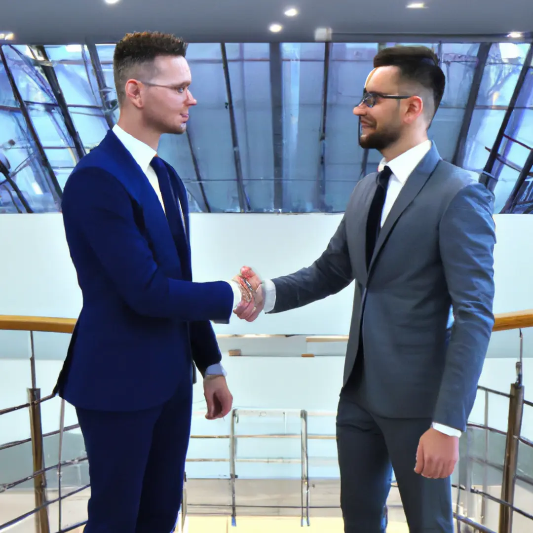 Two businessmen shaking hands with a confident and assertive stance.