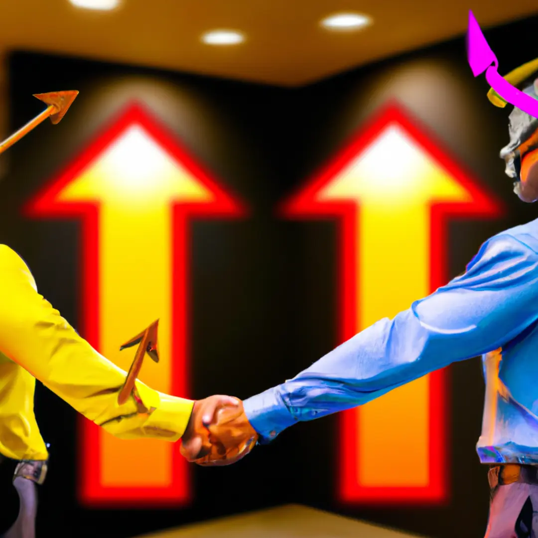 Two people shaking hands with arrows symbolizing negotiation strategies in the background.