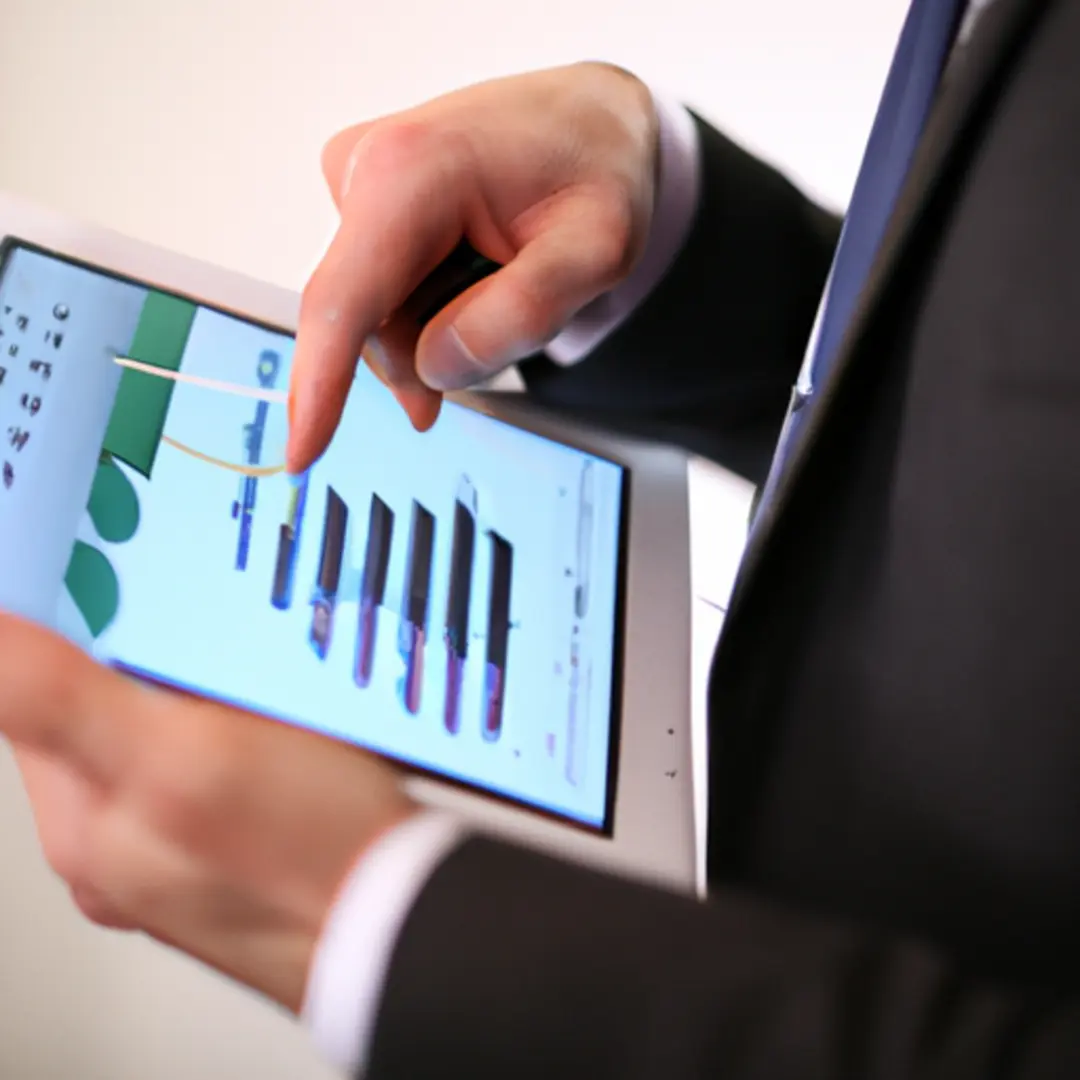 Image of a businessman analyzing financial charts and graphs on a digital tablet.