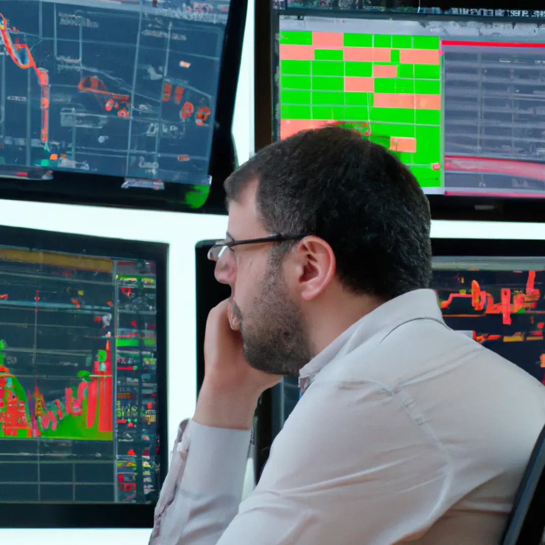 A trader analyzing a complex financial chart on multiple computer screens.