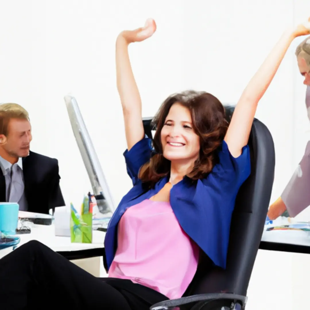 A businesswoman leaning back in her office chair, hands behind her head, as her team works independently in the background.