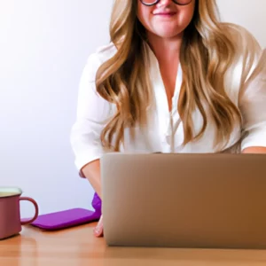 A small business owner happily working on multiple blog articles on her laptop.