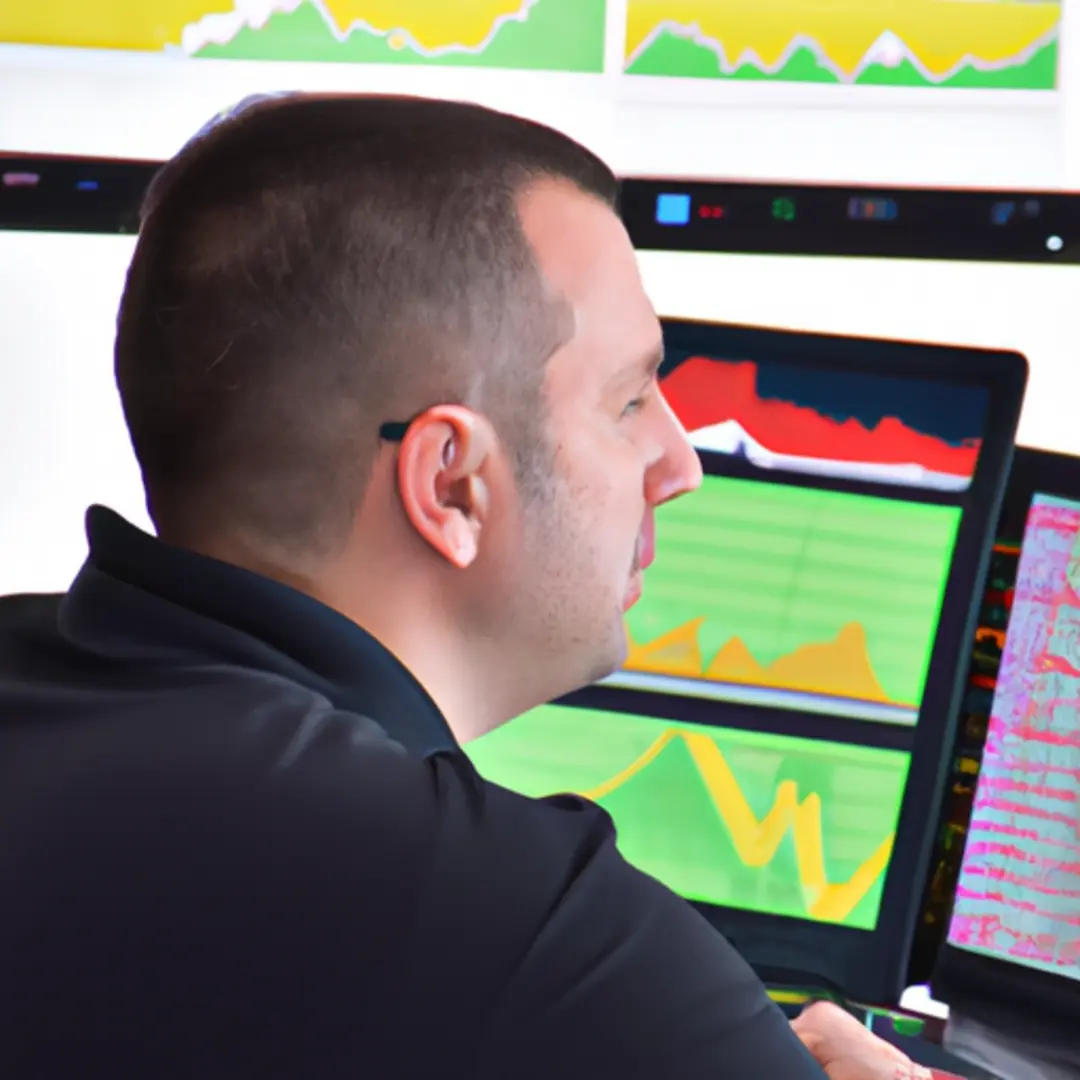 Image of a financial analyst studying graphs and charts on multiple computer screens.
