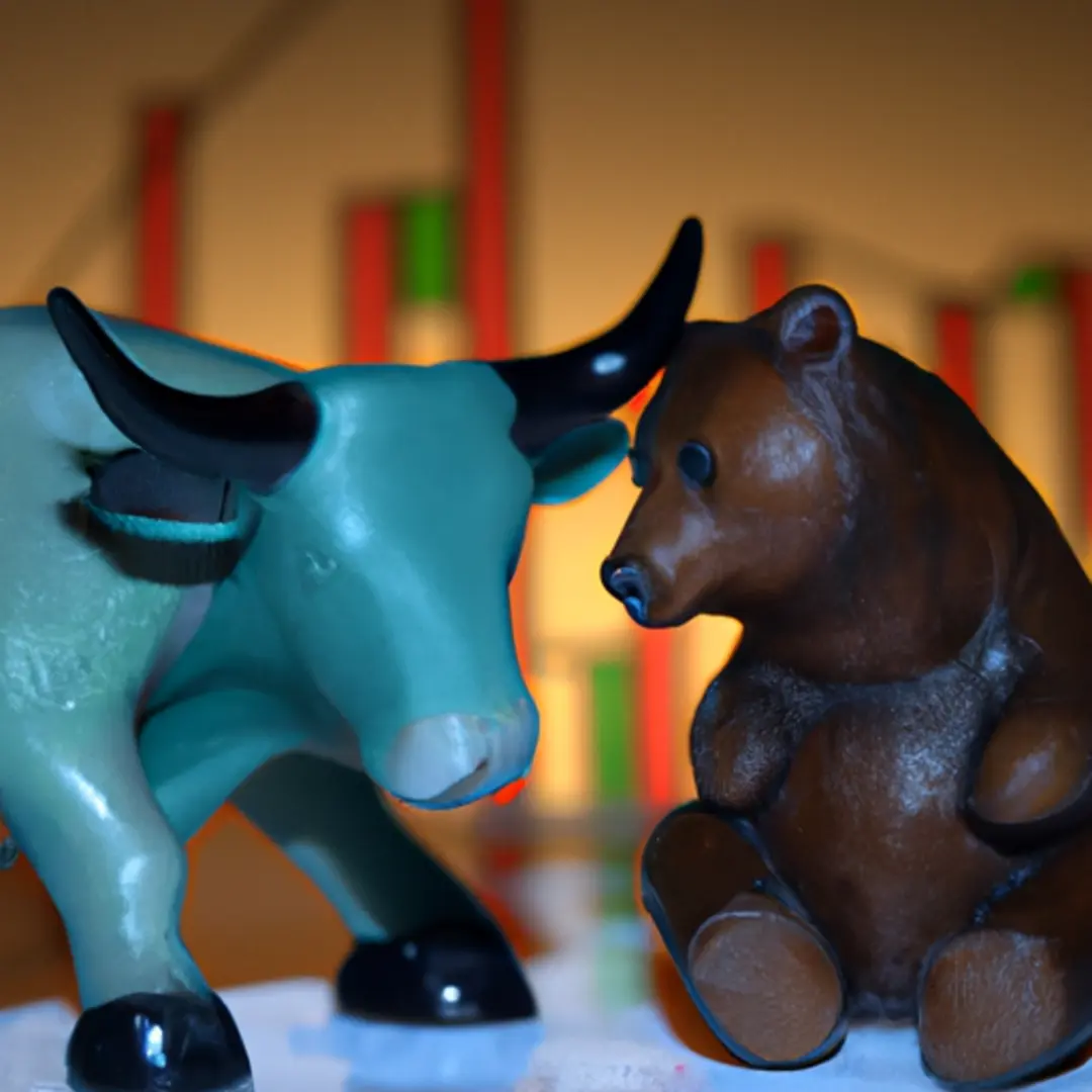 Image of a bull and bear statue representing the stock market with financial graphs in the background.