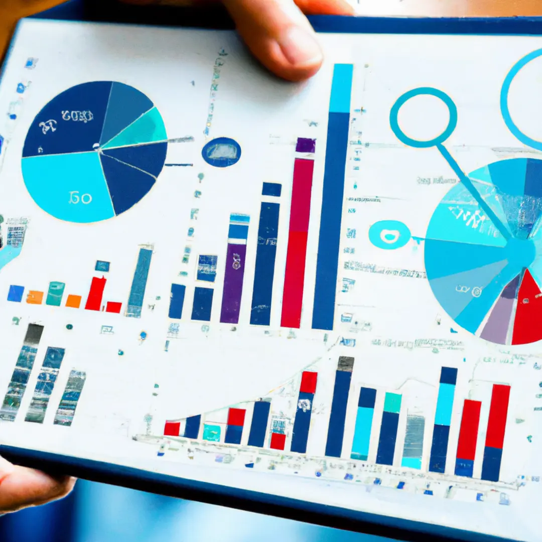 A tablet screen with colorful circle and bar charts