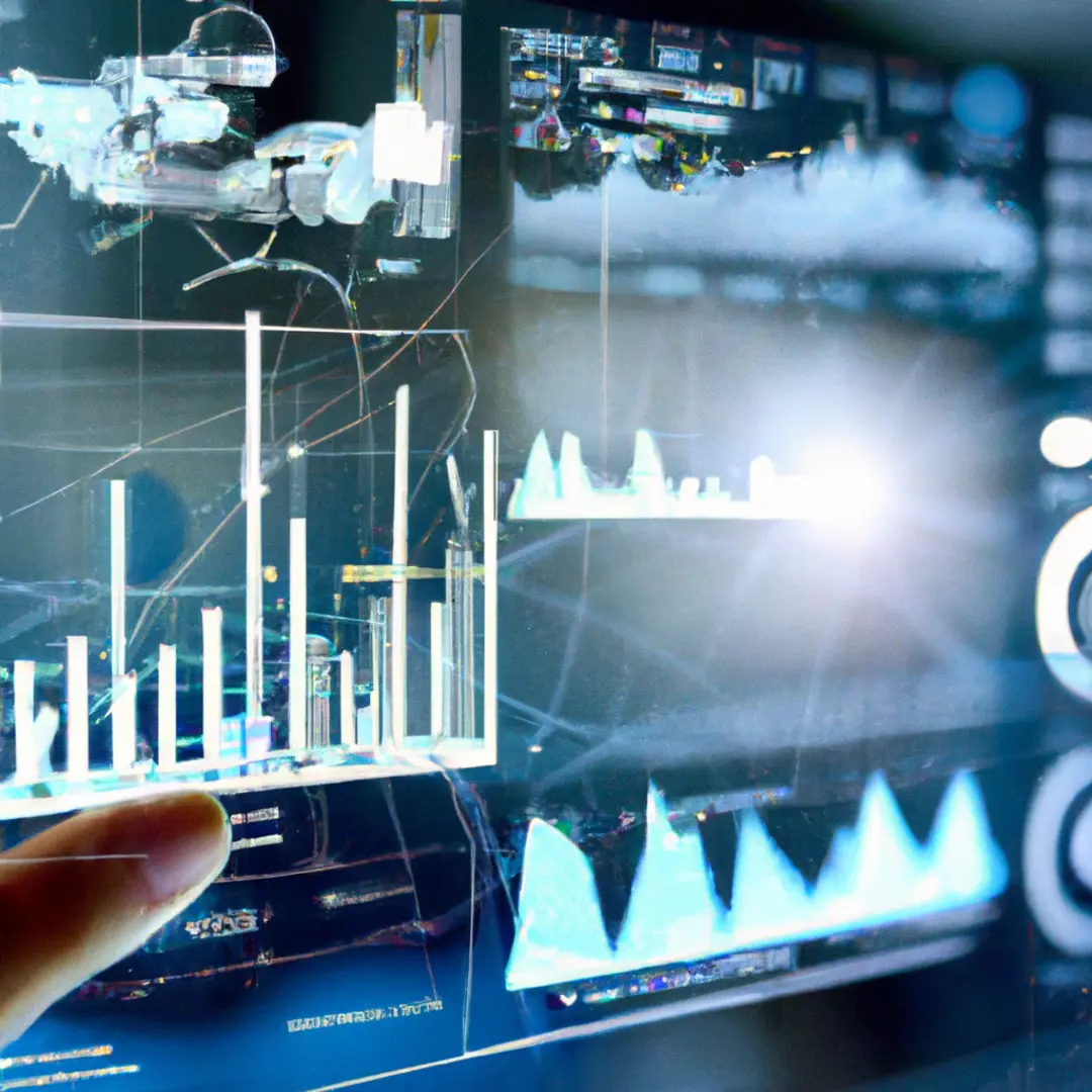 The finger pointing towards some statistics on the futuristic screen