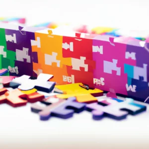 Colorful puzzle pieces, laying on a white desk