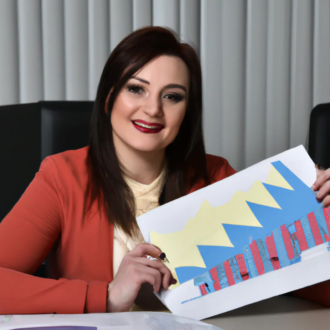 Confident businesswoman surrounded by investment charts and documents.