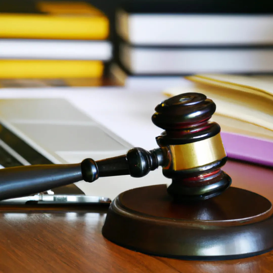 Legal document templates on a laptop surrounded by legal books and a gavel.