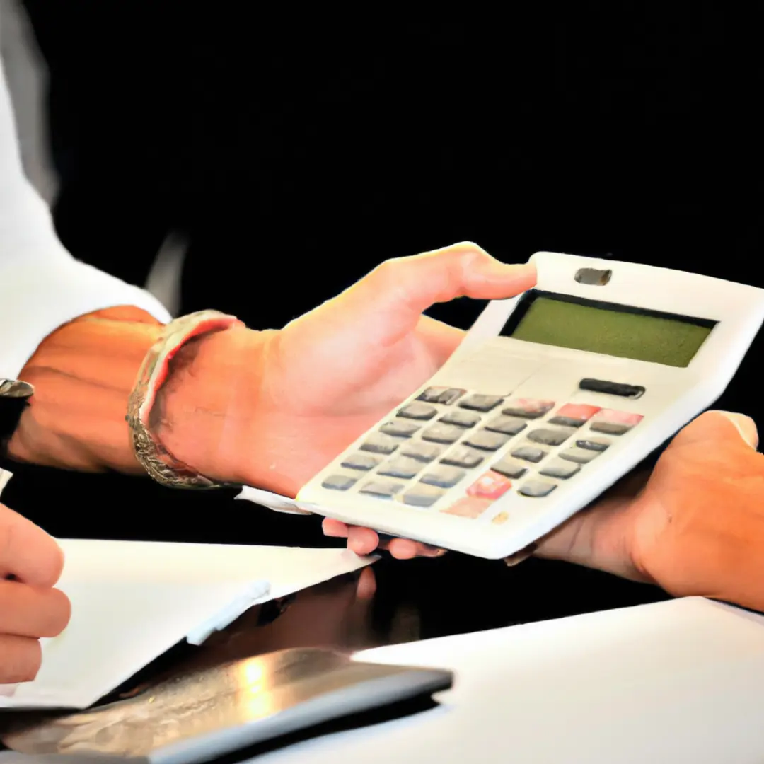 Hand shaking in front of a contract and calculator to signify a deal being made.