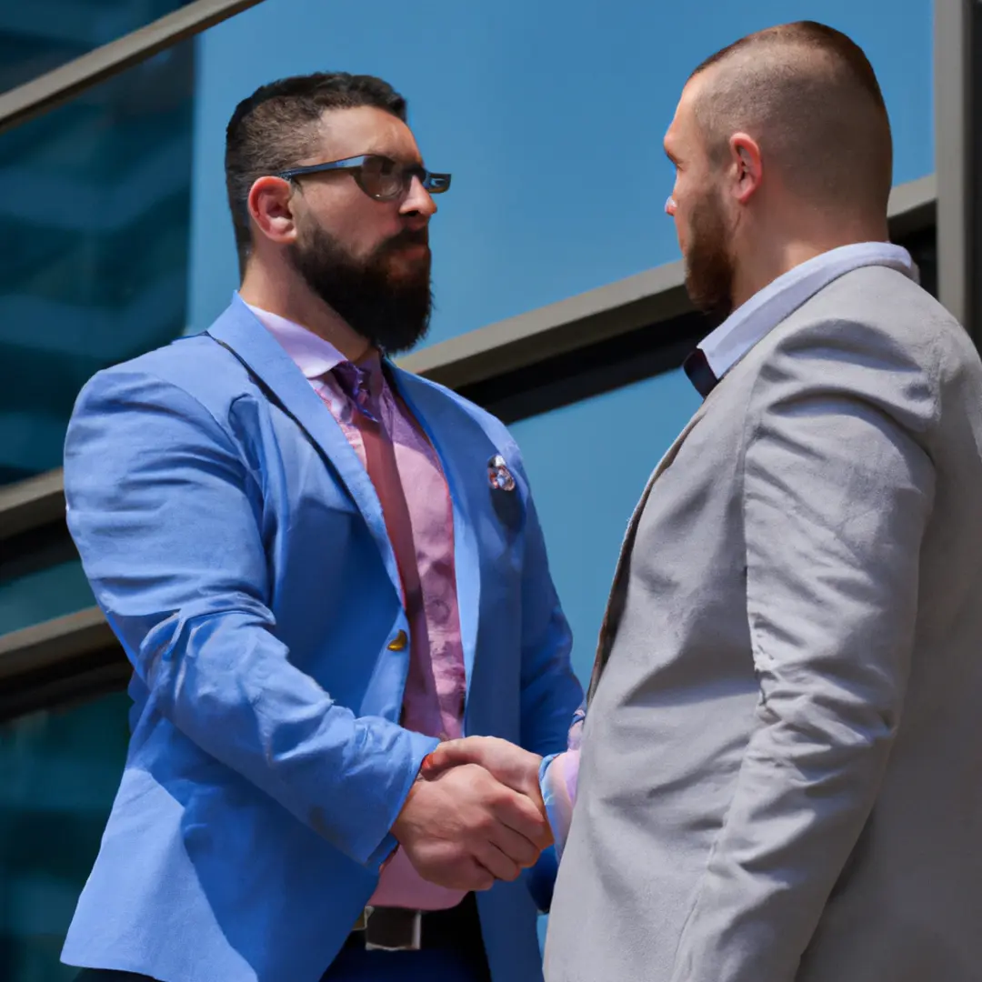 Two business partners shaking hands in front of a modern office building.