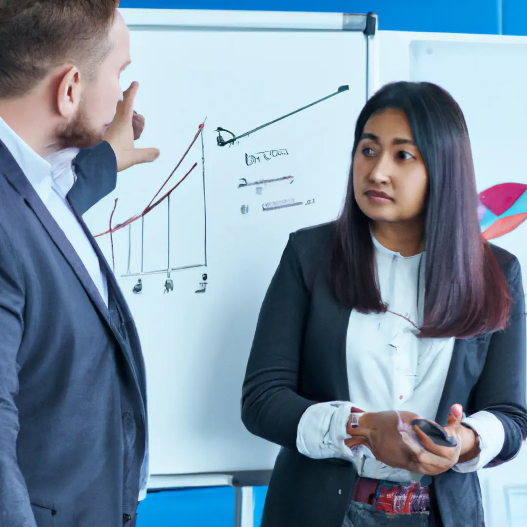 Business partners discussing growth plans in a meeting room, analyzing data and charts on a whiteboard.