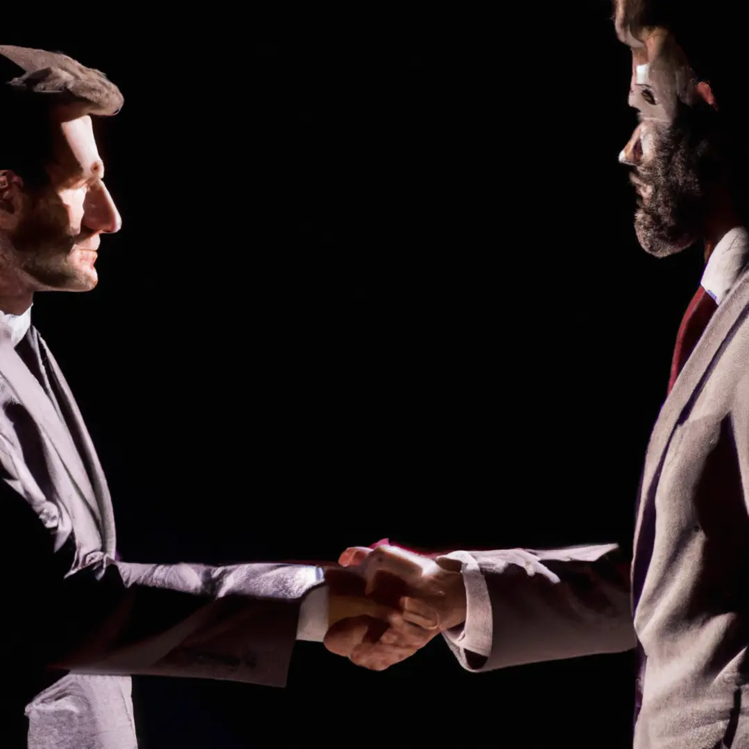 Businessman shaking hands with shadowy figure - evaluating trustworthiness and credibility.