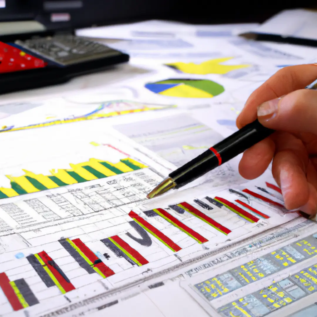 1. Graphs and charts displaying investment returns over time on a financial analysts desk. 2. Image text: Financial analyst examining investment performance through graphs and charts.