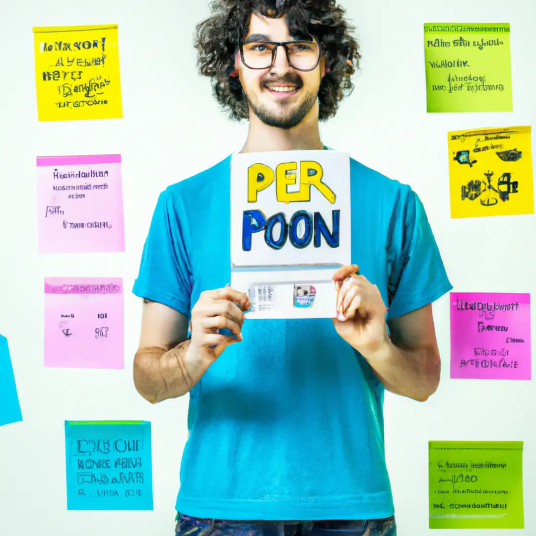 Alternative image text: Person holding a sketchpad, surrounded by post-it notes and charts