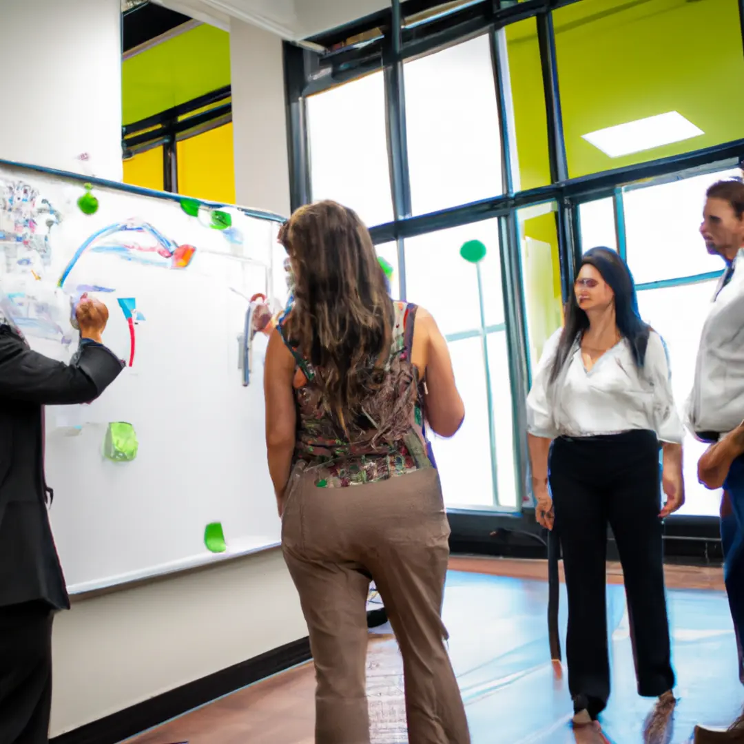 A team of professionals brainstorming strategies for business process improvement on a whiteboard.