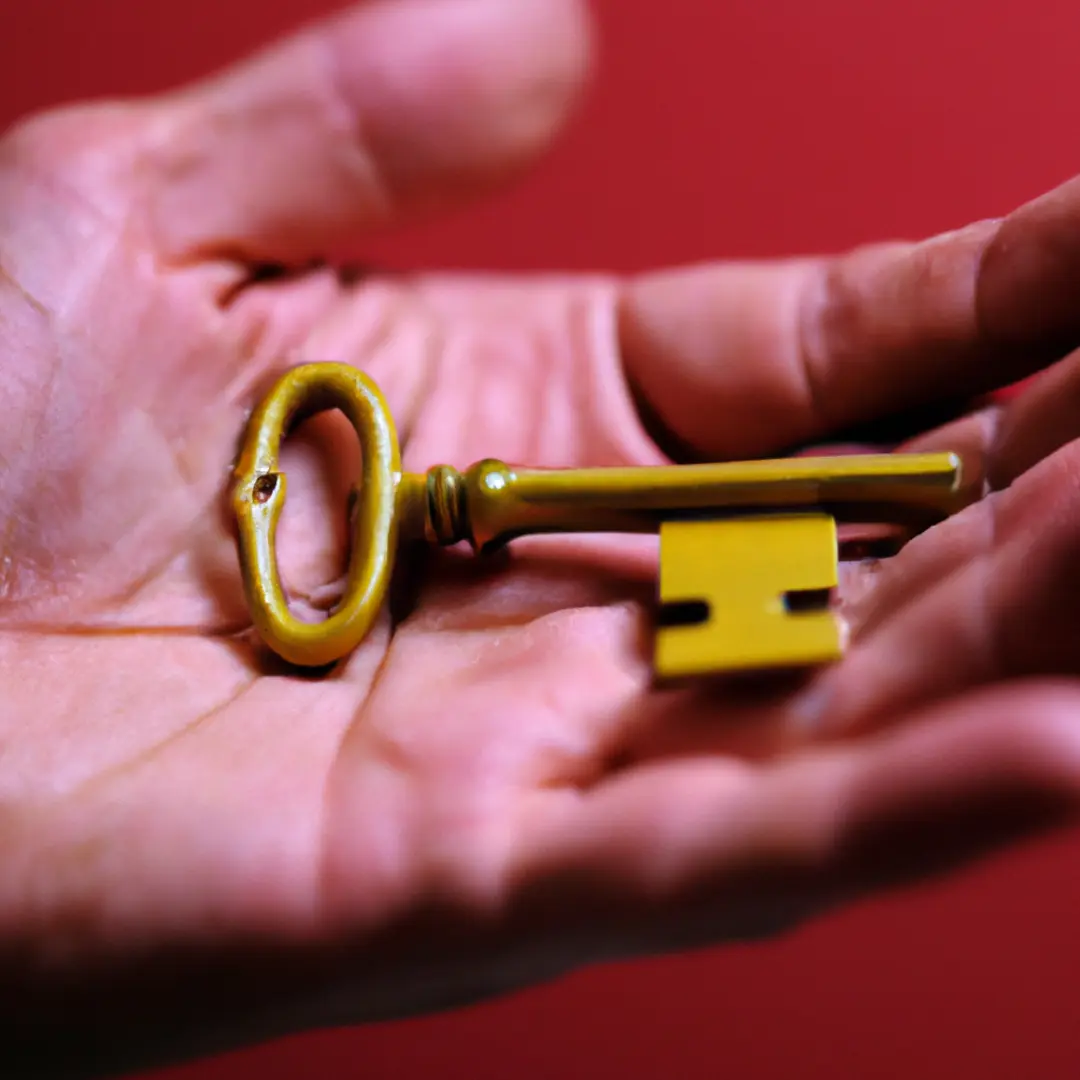 Hand holding a golden key representing the protection of intellectual property for startups.