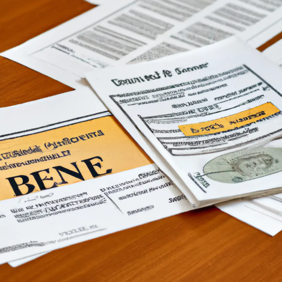 Bond bills and debentures displayed on desk.