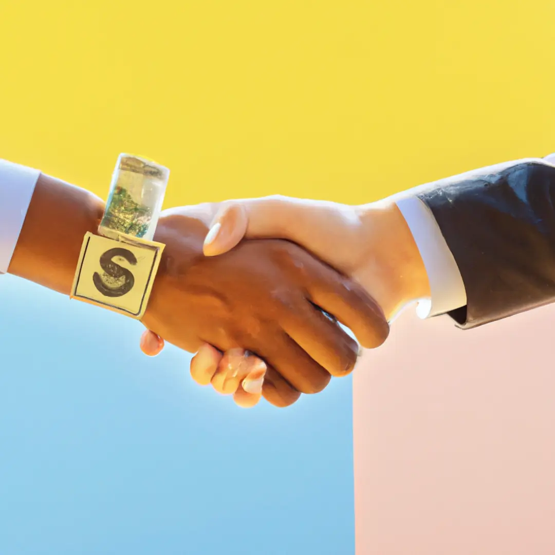 Alternative image alt-text: Minimalistic image of a handshake with dollar signs on the top representing negotiations for funding.