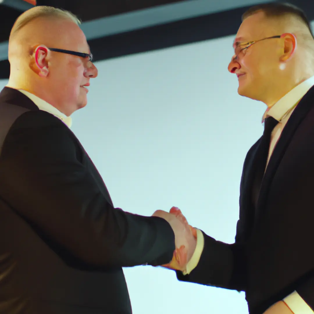 Two businessmen shaking hands on a contract.