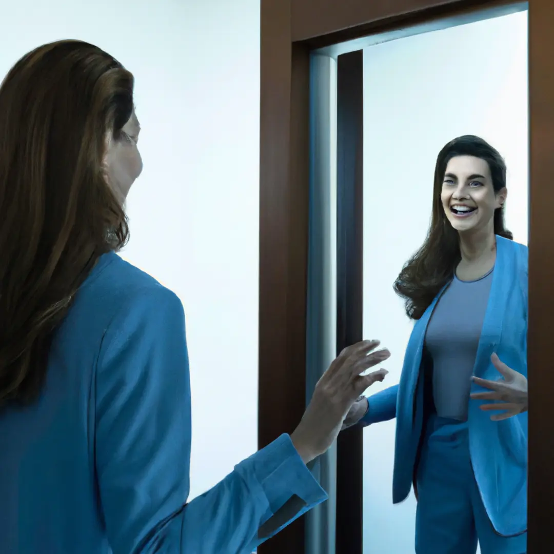 Person practicing elevator pitch in front of mirror.