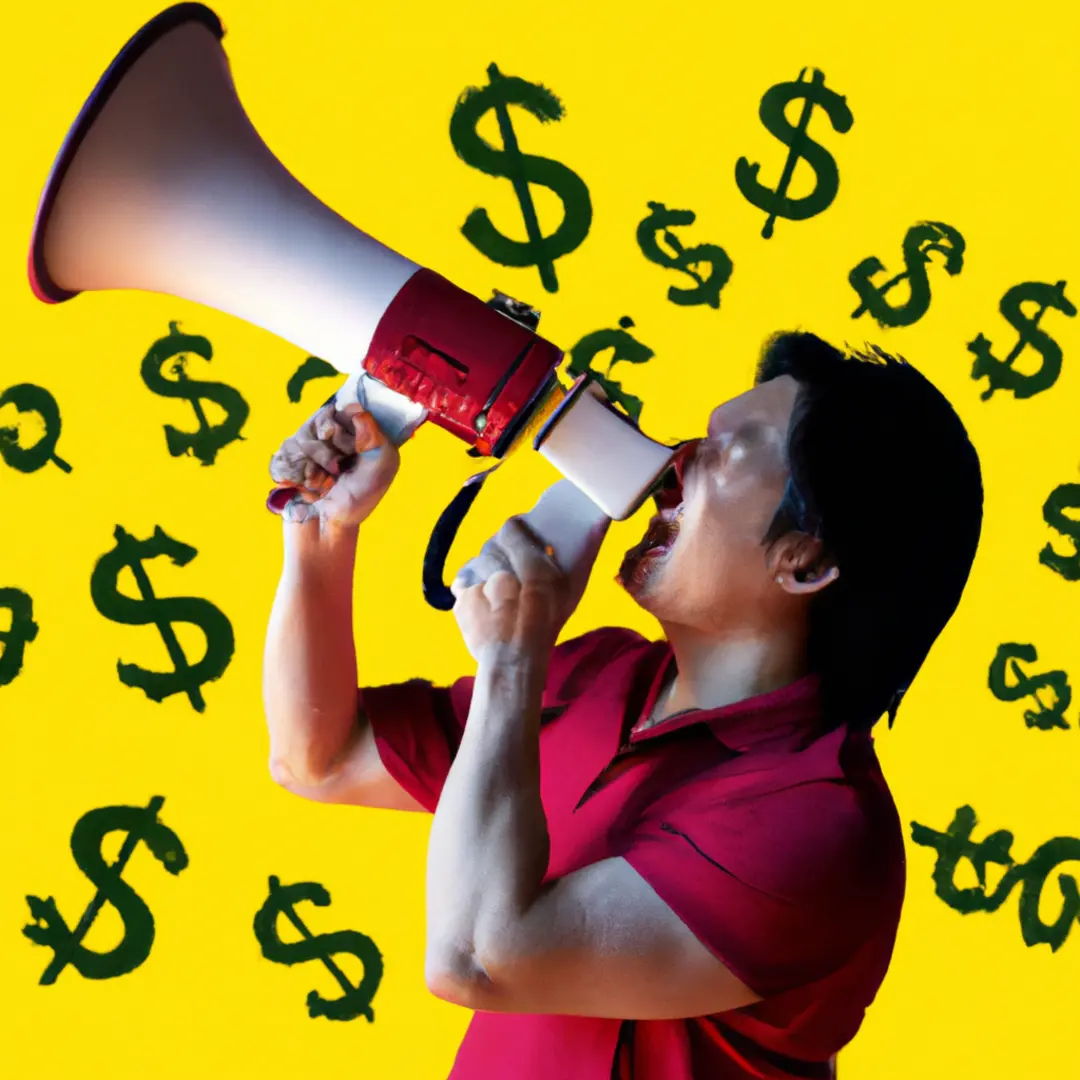 A person holding a megaphone surrounded by dollar signs, representing customer acquisition tactics.