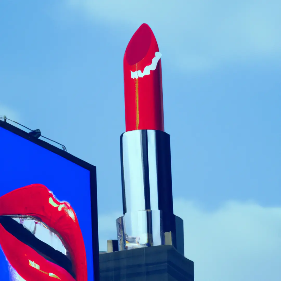 Creative billboard amidst cityscape promoting lipstick.