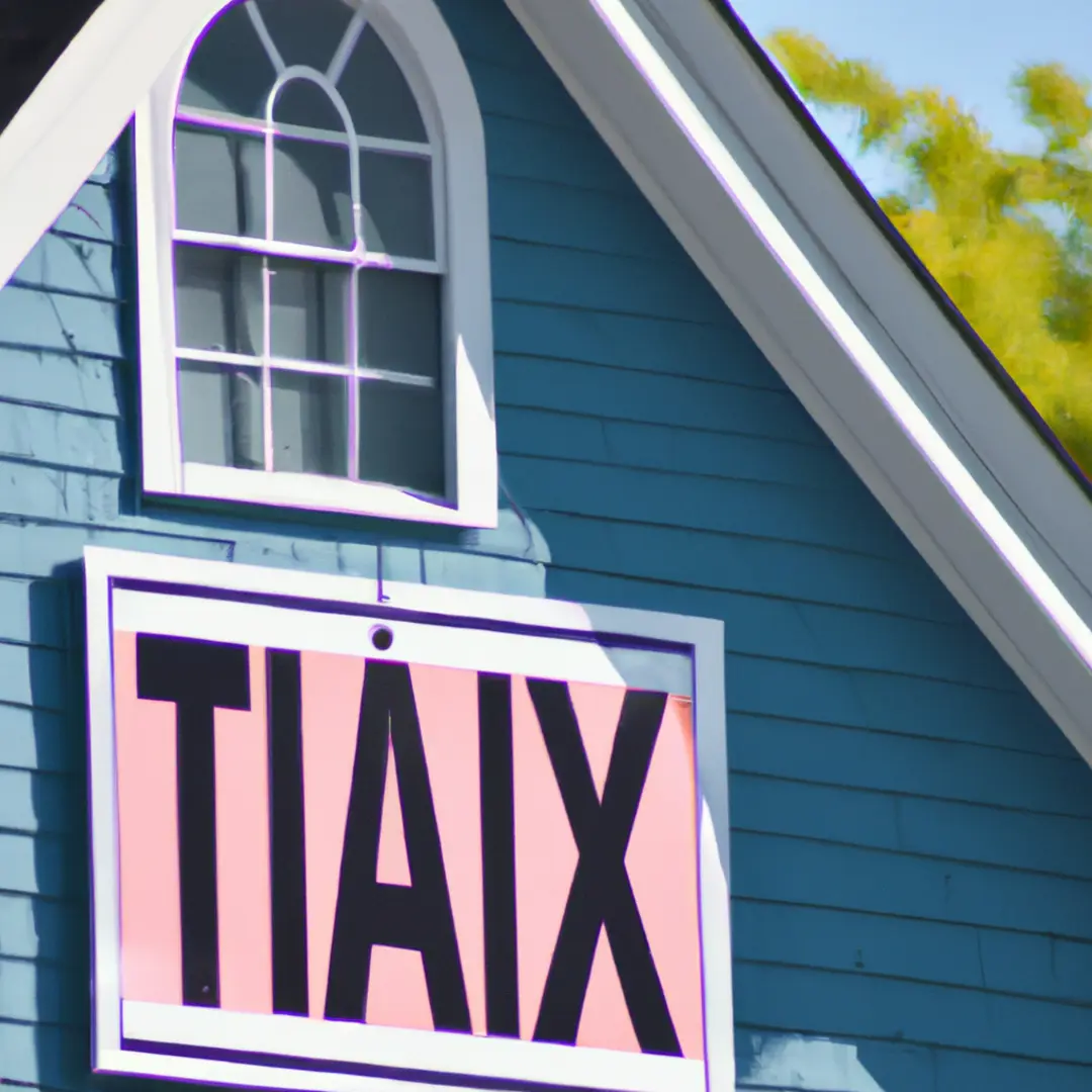 Image of a house with a tax sign hanging on it.