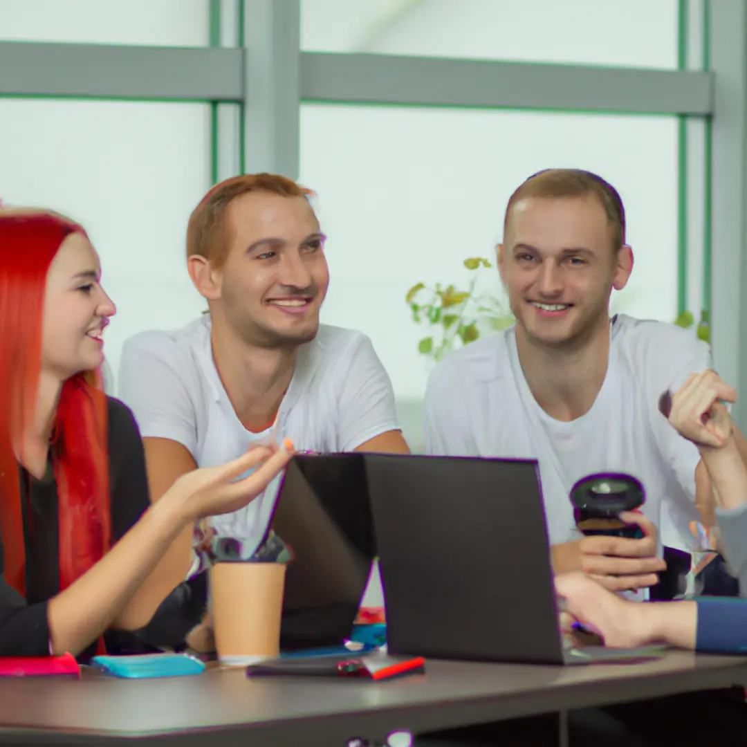 Digital marketing team brainstorming over successful online advertising strategies on a laptop.