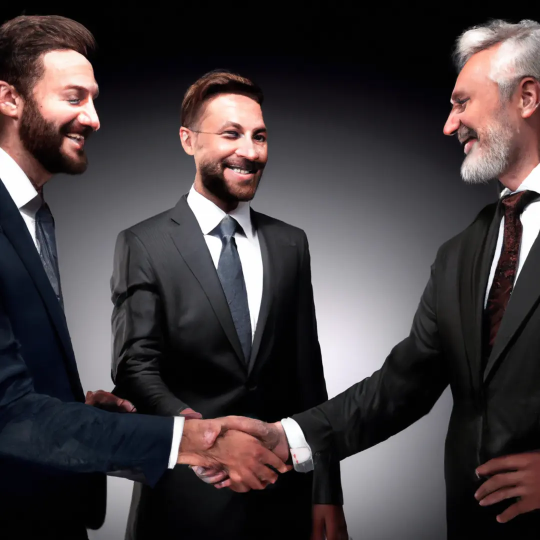 Illustration of three people shaking hands, representing a partnership in the legal structure.