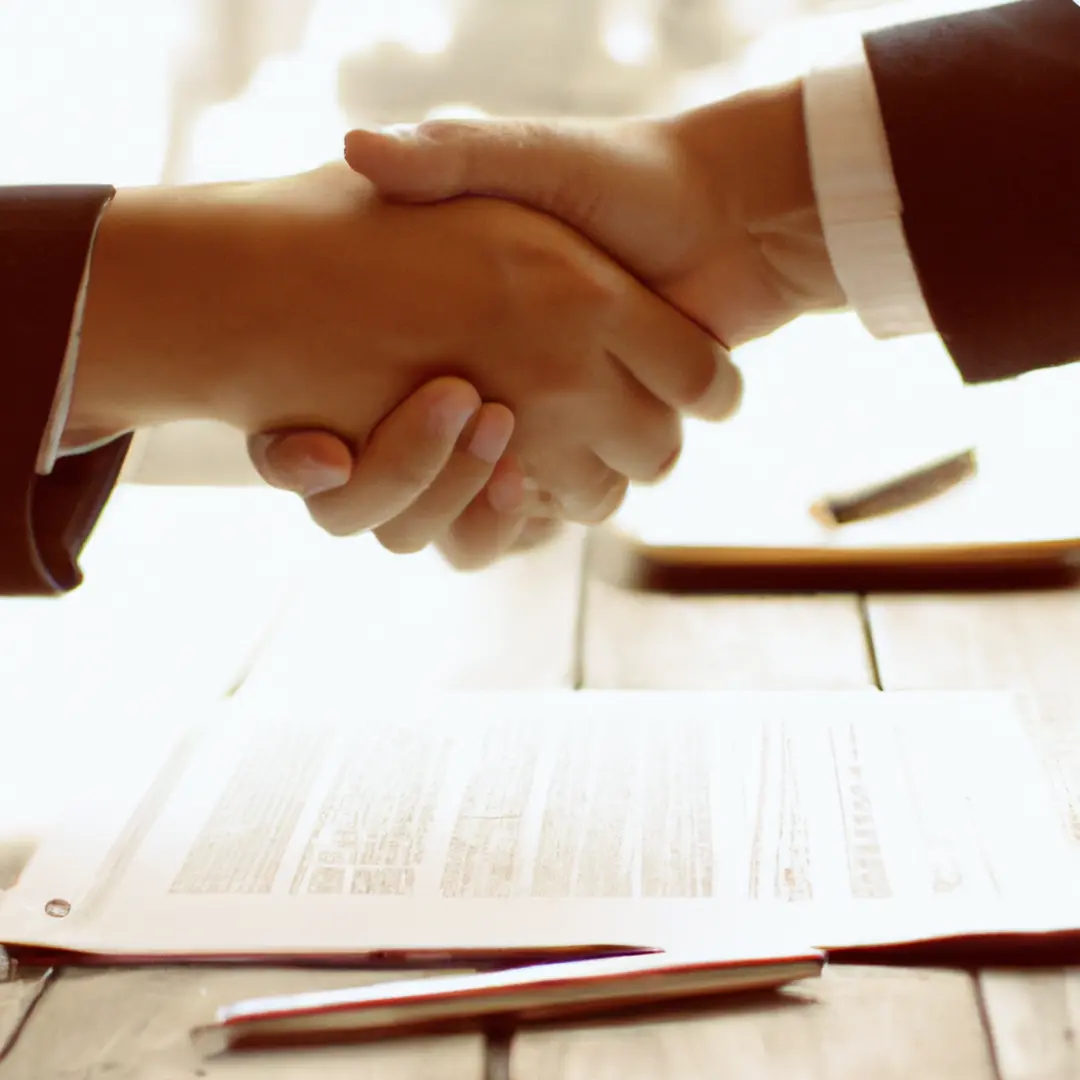 Handshake and pen on a contract - negotiating the terms of a business partnership buyout.