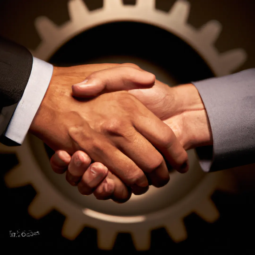 Business partners shaking hands with a background of gears symbolizing collaboration and synergy in a startup.