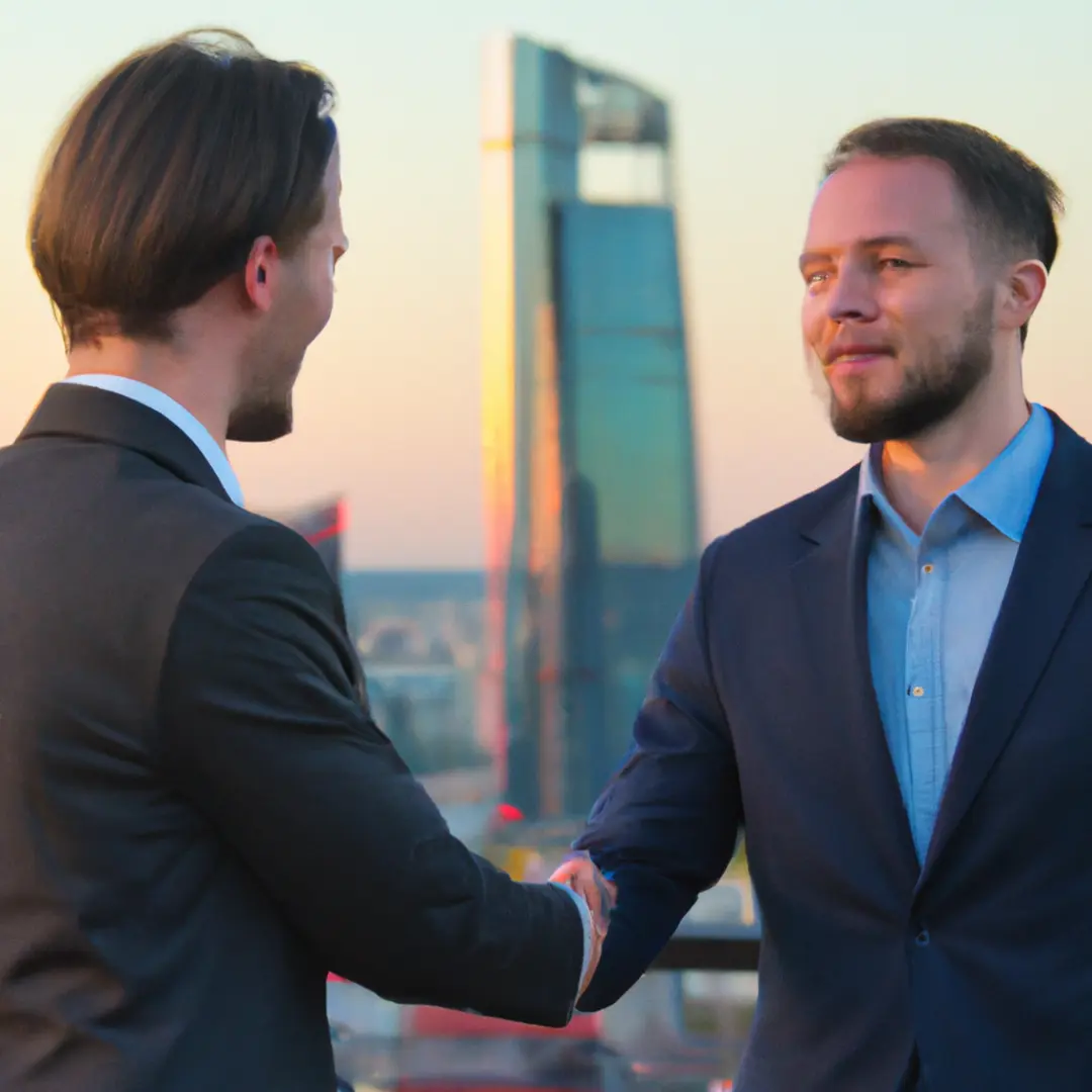 Handshake between two business partners in front of a city skyline.