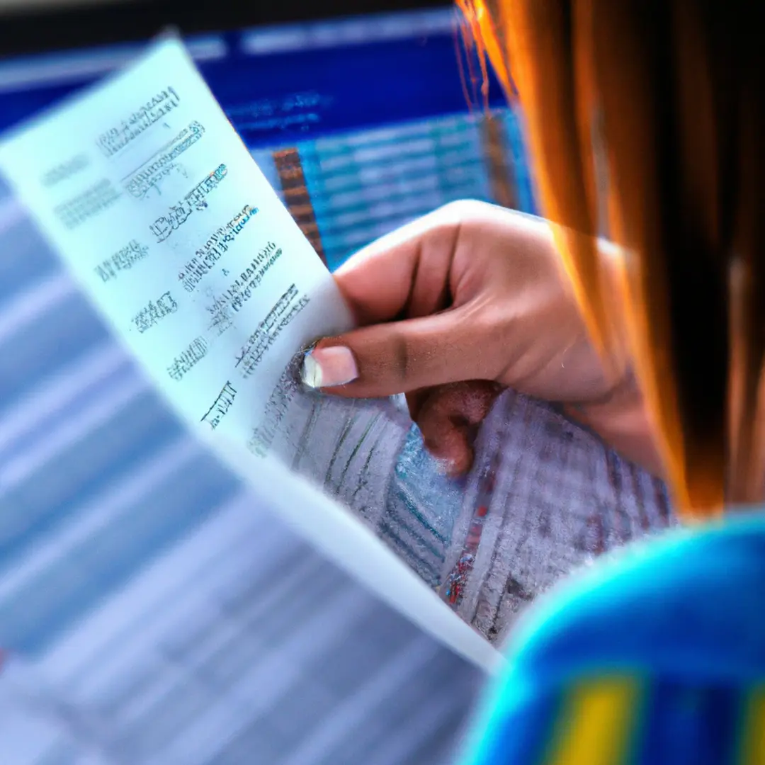 Image of a woman analysing a spreadsheet showing the division of fixed and variable expenses.