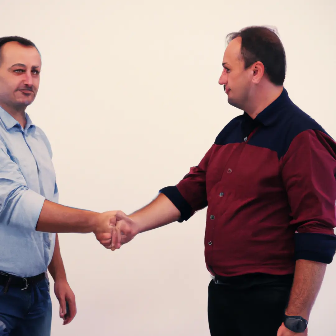 Two business partners shaking hands, symbolizing a partnership agreement.