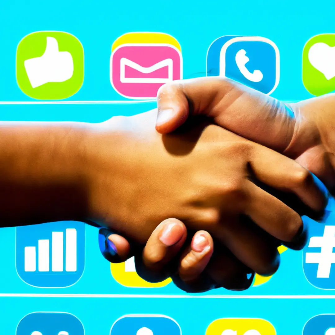 Two hands shaking in front of a computer screen with social media icons.