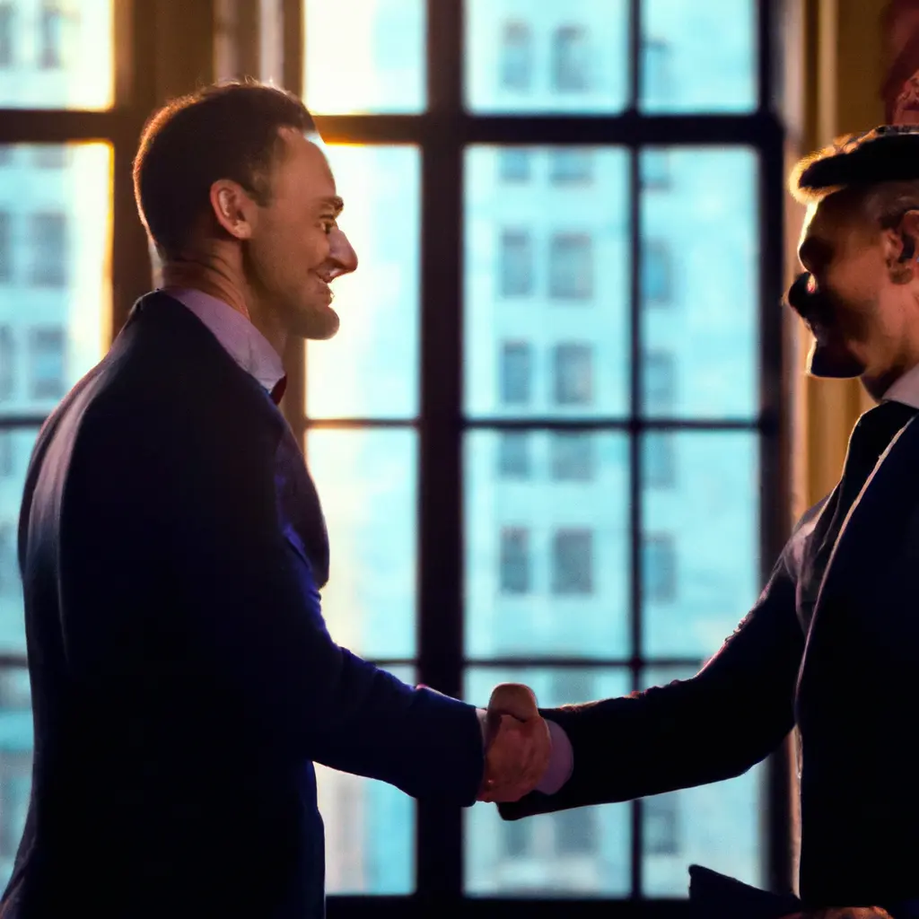 Image alt-text: Illustration of an angel investor and venture capitalist shaking hands over legal documents