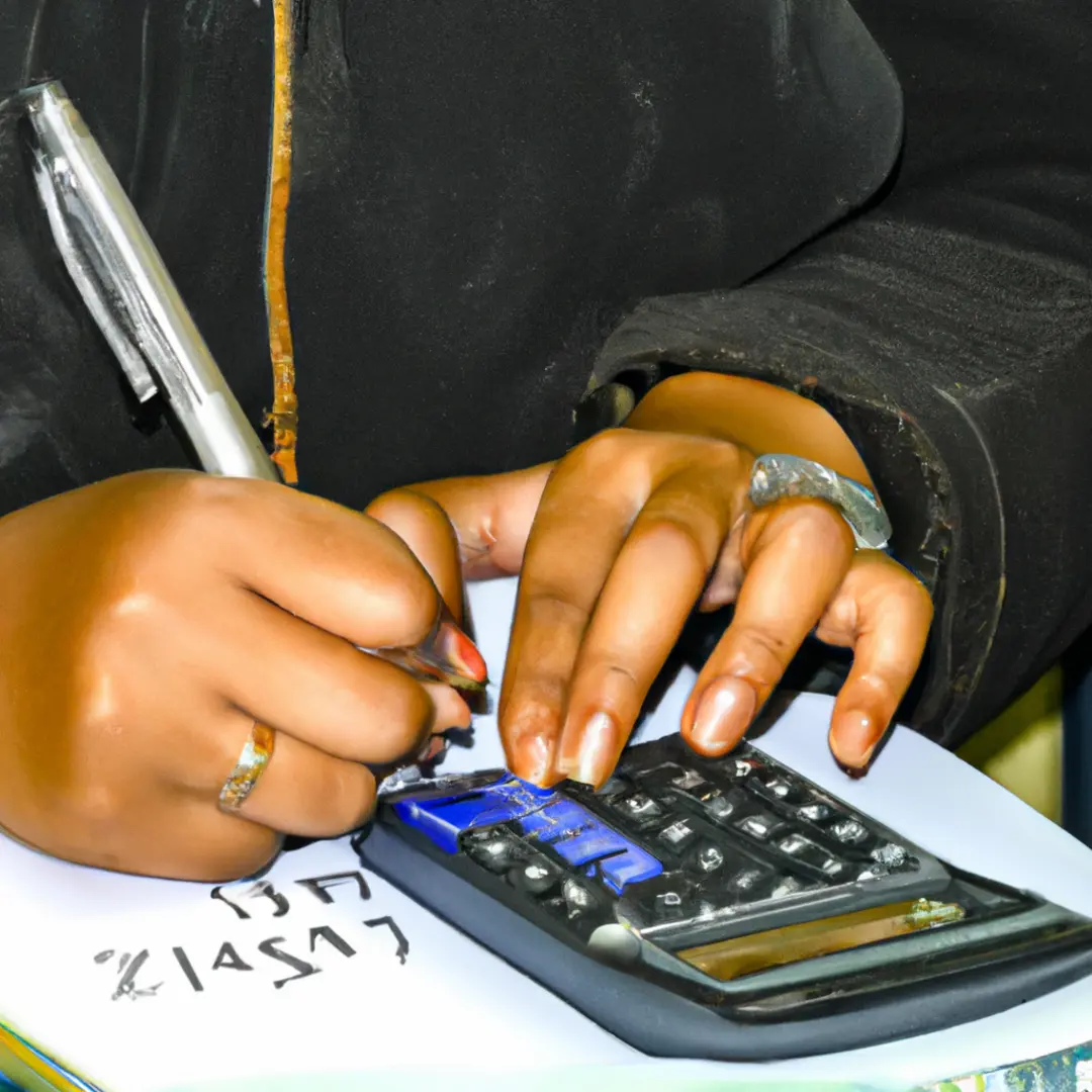 Image of a person using a calculator and writing in a ledger.