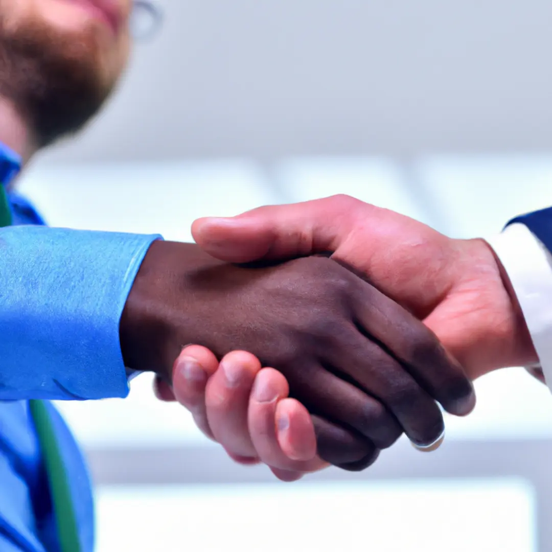 Two businessmen shaking hands, representing partnership and collaboration in business.