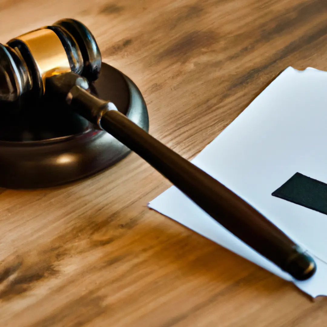 Minimalistic image of legal documents and a hammer on a wooden table.