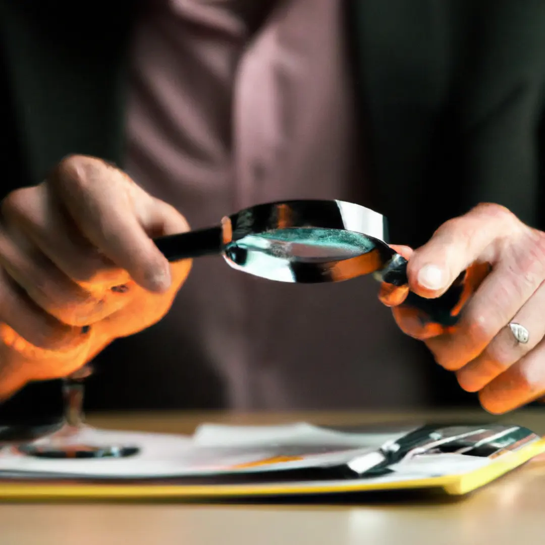 Alternative image alt-text: Person examining a magnifying glass on a table full of financial documents.