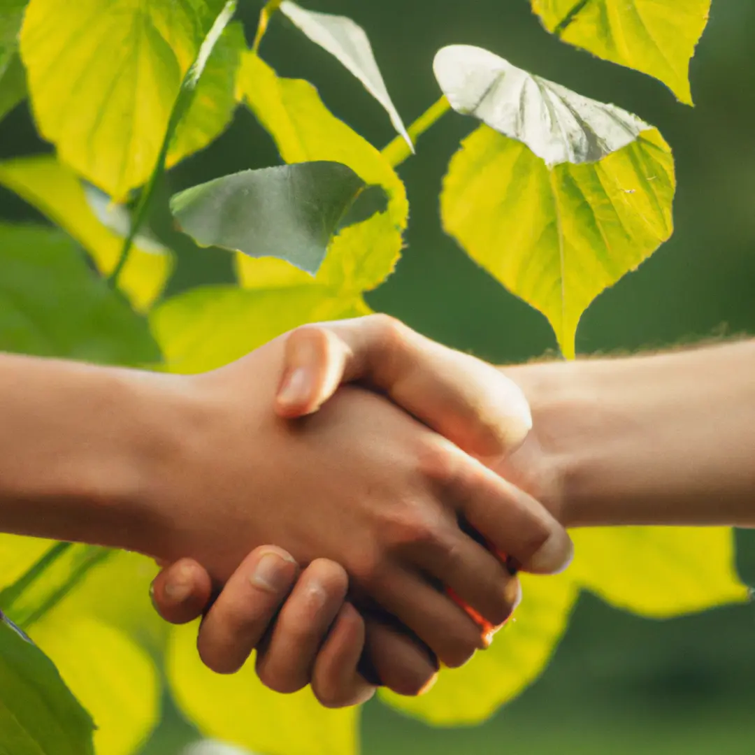 Caption: Minimalistic image of a handshake with green leaves