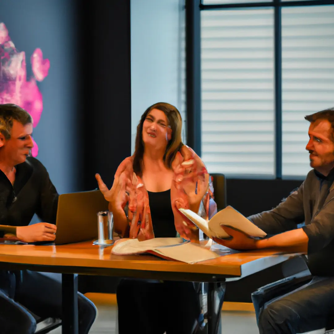 Three people sitting at a table discussing and making decisions together in a business partnership.