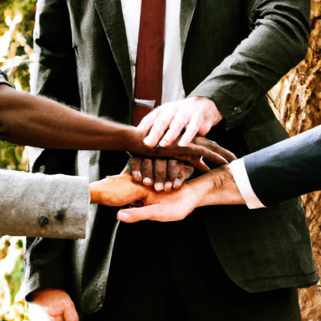 Four people holding hands, representing different types of business partnerships: general, limited, limited liability, and more.