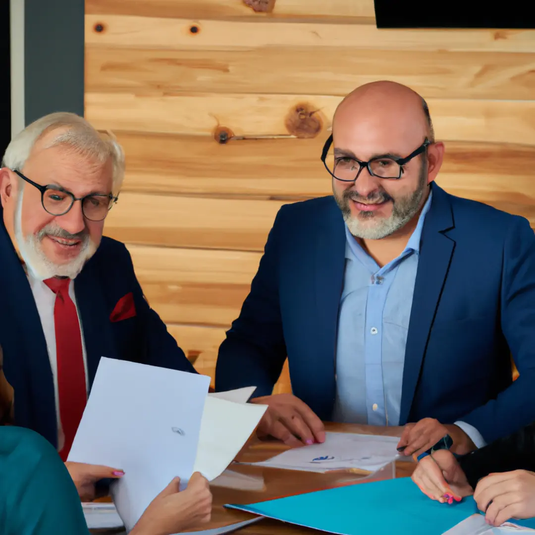 Four people sitting at a table, discussing legal documents and partnership agreements.