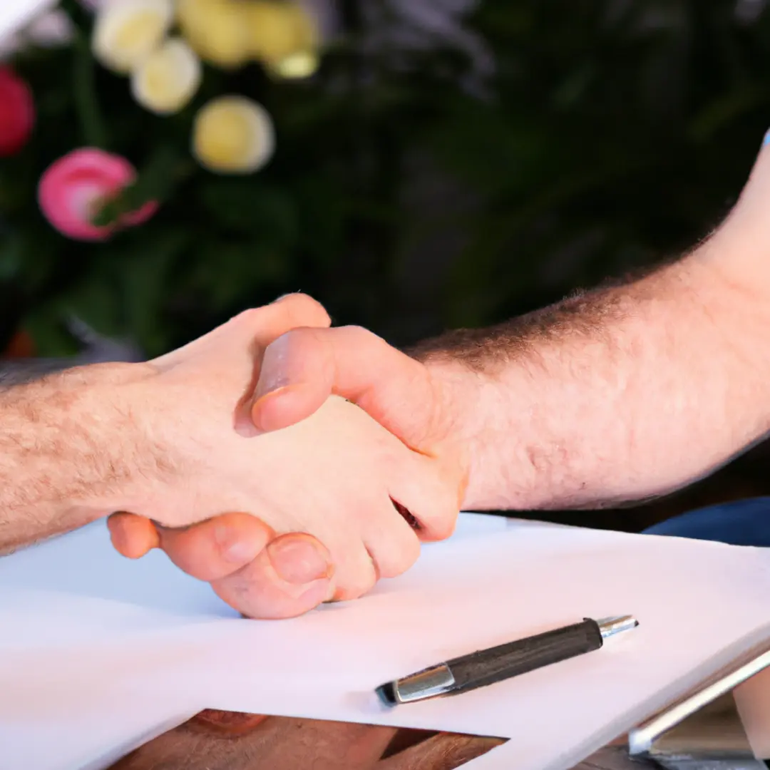 Handshake and pen on a desk.