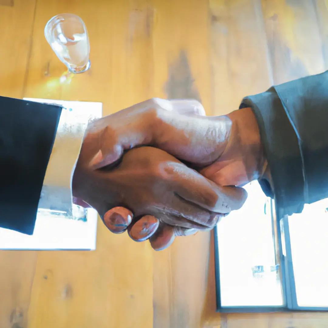 Collaboration in action: two hands shaking on a table, signifying sustainable and profitable business partnerships.